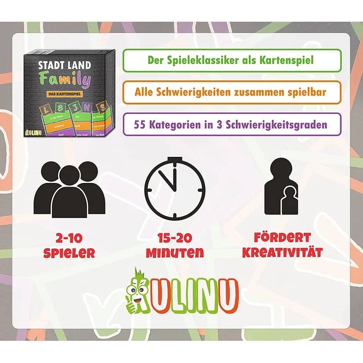 Gesellschaftsspiel - Stadt, Land, Family - Das fairste Kartenspiel Aller Zeiten - Stadt Land Fluss Lernspiel für Kinder ab 8 Jahren - Quiz Spiel Geschenk-Idee (Kartenspiel - 55 Karten) – Bild 7