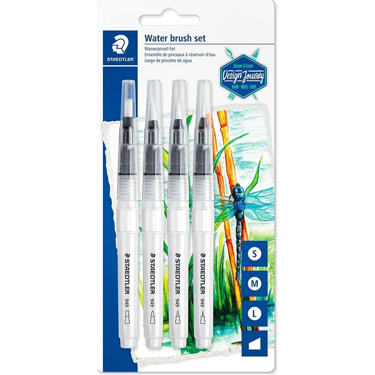 Staedtler 949-SBK4-C Wasserpinsel (zum Aquarellieren, Malen und Blenden, gleichmäßige Wasserabgabe, robuste Nylonspitze für Formstabilität, Set mit 4 verschiedenen Pinselspitzen) – Bild 1