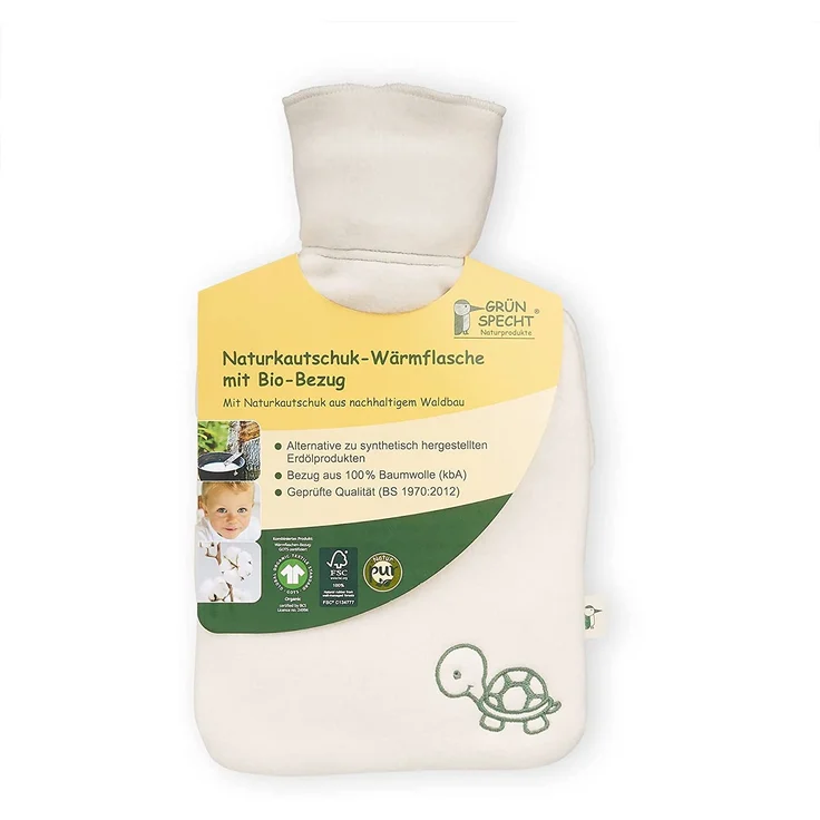 GRÜNSPECHT Naturkautschuk-Wärmflasche mit weißem Bio-Bezug aus 100% Baumwolle, GOTS, klein, Bettflasche für Kinder und Erwachsene (644-00) – Bild 2