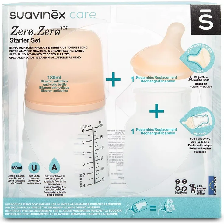 Suavinex, Set Zero Zero-Babyflasche. Anti-Kolik-Babyflasche 180 ml mit Sauger mit anpassbarem Nahrungsfluss + Sauger mit anpassbarem Nahrungsfluss + Nachfüllbeutel
