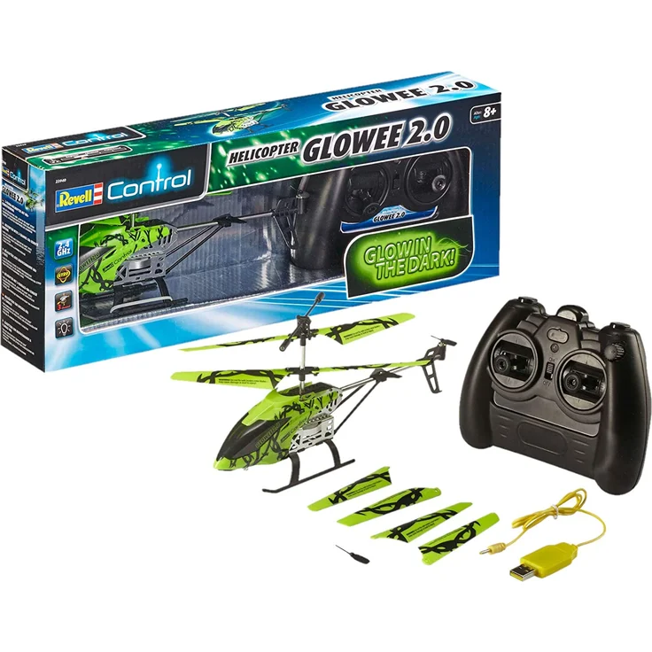 Revell Control 23940 RC Helicopter Glowee 2.0, 2.4GHz, einfach zu fliegen, Gyro, LED-Glow-in-the-Dark Effekte, Akku, ferngesteuerter Hubschrauber, grün, 25cm – Bild 1