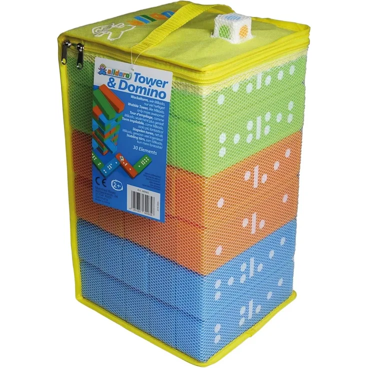 alldoro - Tower und Domino 2 in 1, Wackelturm und Domino Spielset, 30 Bausteine, 1 Würfel, in praktischer Aufbewahrungst