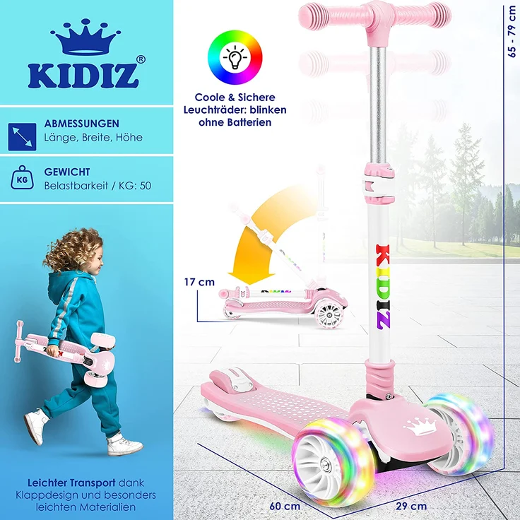 KIDIZ® Roller Kinder Scooter X-Pro2 Dreiradscooter mit PU LED Leuchtenden Räder Kinderroller faltbar Tret-Roller höhenverstellbarer Cityroller Kinderscooter für Jungen Mädchen 3-12 Jahre Rosa – Bild 7