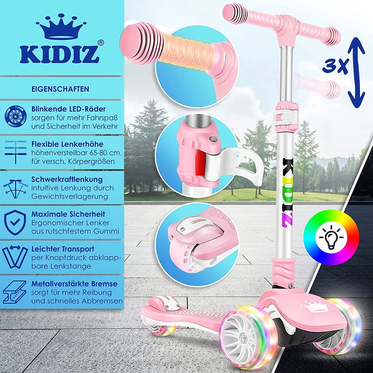 KIDIZ® Roller Kinder Scooter X-Pro2 Dreiradscooter mit PU LED Leuchtenden Räder Kinderroller faltbar Tret-Roller höhenverstellbarer Cityroller Kinderscooter für Jungen Mädchen 3-12 Jahre Rosa – Bild 2
