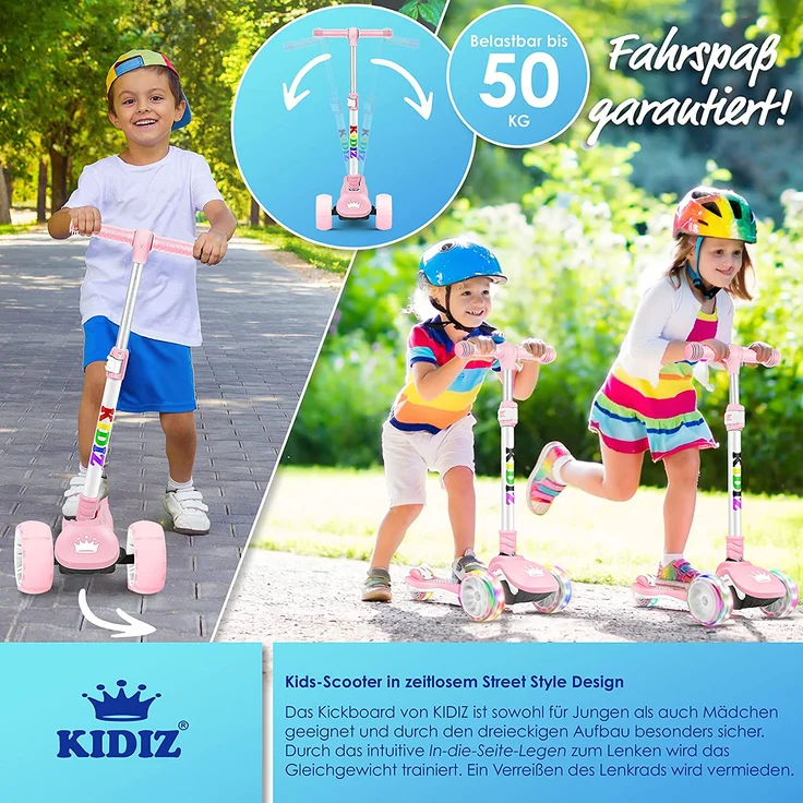 KIDIZ® Roller Kinder Scooter X-Pro2 Dreiradscooter mit PU LED Leuchtenden Räder Kinderroller faltbar Tret-Roller höhenverstellbarer Cityroller Kinderscooter für Jungen Mädchen 3-12 Jahre Rosa – Bild 6