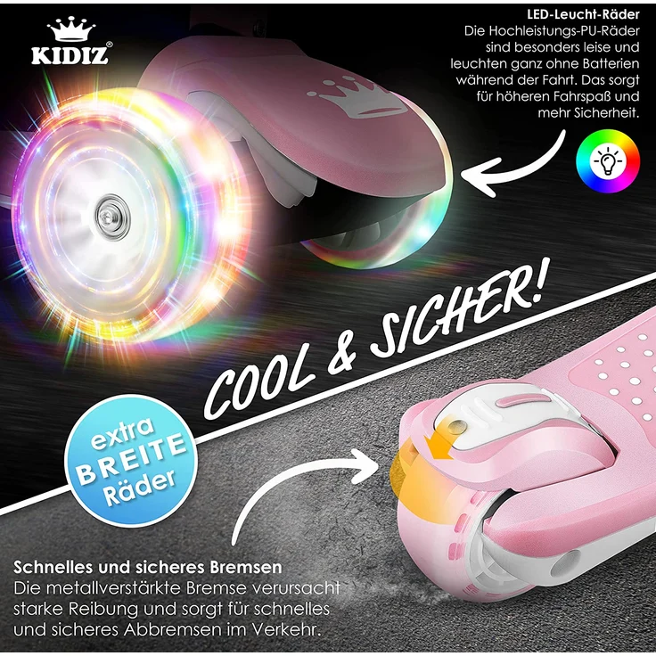 KIDIZ® Roller Kinder Scooter X-Pro2 Dreiradscooter mit PU LED Leuchtenden Räder Kinderroller faltbar Tret-Roller höhenverstellbarer Cityroller Kinderscooter für Jungen Mädchen 3-12 Jahre Rosa – Bild 4