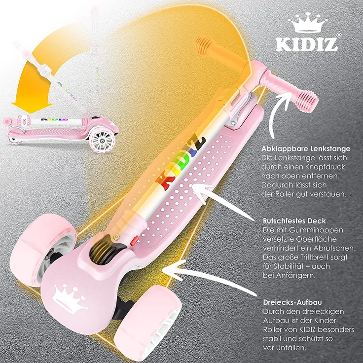 KIDIZ® Roller Kinder Scooter X-Pro2 Dreiradscooter mit PU LED Leuchtenden Räder Kinderroller faltbar Tret-Roller höhenverstellbarer Cityroller Kinderscooter für Jungen Mädchen 3-12 Jahre Rosa – Bild 3