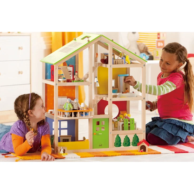 Hape E3401 - Vier-Jahreszeiten Haus (möbliert), Puppenhaus mit Zubehör, aus Holz – Bild 8
