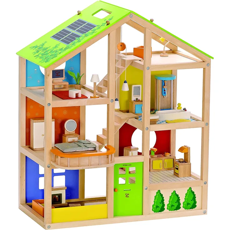 Hape E3401 - Vier-Jahreszeiten Haus (möbliert), Puppenhaus mit Zubehör, aus Holz