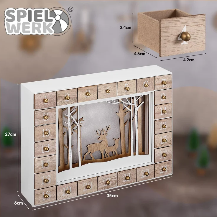 Spielwerk Wiederverwendbarer Adventskalender zum Befüllen LED warm-weiß 3D Fenster 24 Türchen Weihnachten Kinder DIY Holz Dekoration – Bild 7