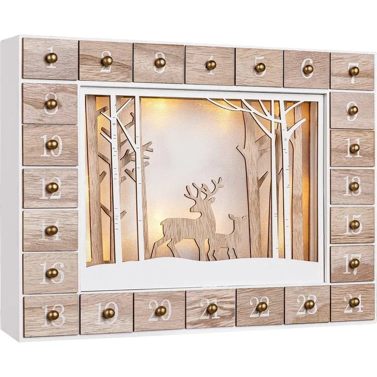 Spielwerk Wiederverwendbarer Adventskalender zum Befüllen LED warm-weiß 3D Fenster 24 Türchen Weihnachten Kinder DIY Holz Dekoration