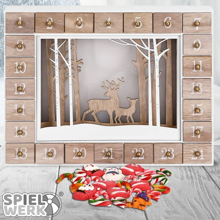 Spielwerk Wiederverwendbarer Adventskalender zum Befüllen LED warm-weiß 3D Fenster 24 Türchen Weihnachten Kinder DIY Holz Dekoration – Bild 6