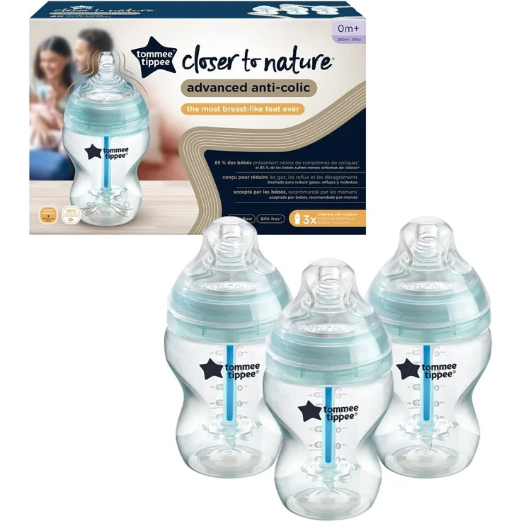 Tommee Tippee Anti-Kolik-Babyflaschen, Natürlich geformter Trinksauger und Spezielles Anti-Kolik-Entlüftungssystem, 260 ml, 3er-Set – Bild 2