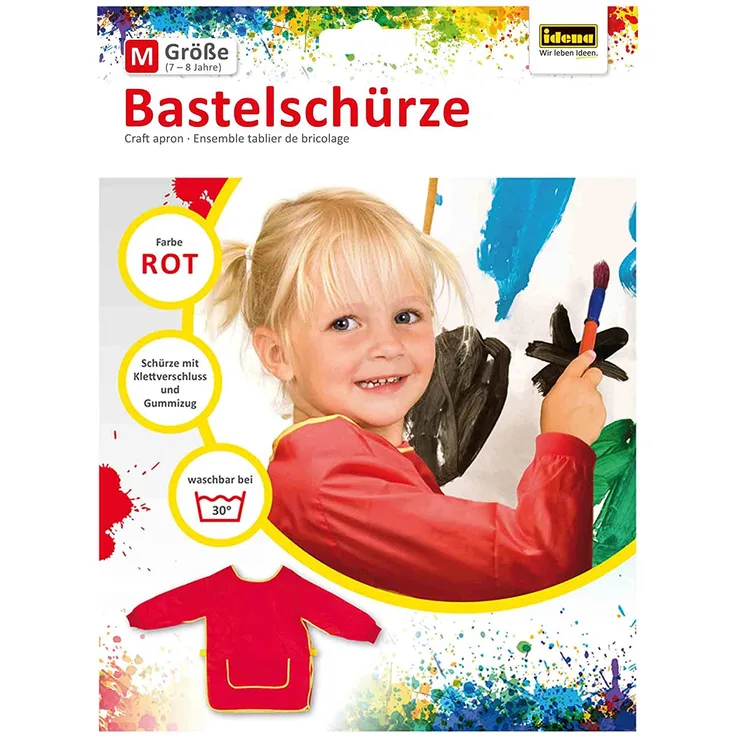 Idena 611186 - Bastelschürze für Kinder von 7 - 8 Jahren mit langen Ärmeln und Klettverschluss, perfekt zum Malen, Basteln, Kochen und Matschen, rot