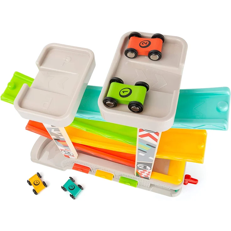 small foot 11361 Rennbahn mit Parkdeck und Garagen, Spielset mit 4 Etagen, Vier Autos und Einer Tankstelle, ab 3 Jahren – Bild 3