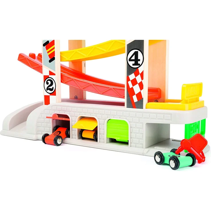 small foot 11361 Rennbahn mit Parkdeck und Garagen, Spielset mit 4 Etagen, Vier Autos und Einer Tankstelle, ab 3 Jahren – Bild 4