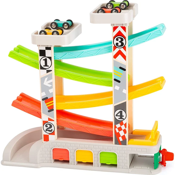 small foot 11361 Rennbahn mit Parkdeck und Garagen, Spielset mit 4 Etagen, Vier Autos und Einer Tankstelle, ab 3 Jahren – Bild 1