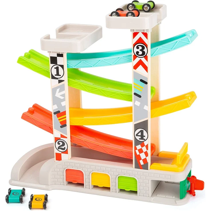 small foot 11361 Rennbahn mit Parkdeck und Garagen, Spielset mit 4 Etagen, Vier Autos und Einer Tankstelle, ab 3 Jahren – Bild 2