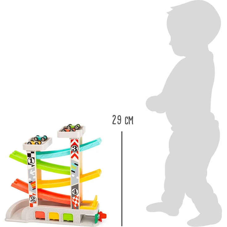 small foot 11361 Rennbahn mit Parkdeck und Garagen, Spielset mit 4 Etagen, Vier Autos und Einer Tankstelle, ab 3 Jahren – Bild 7