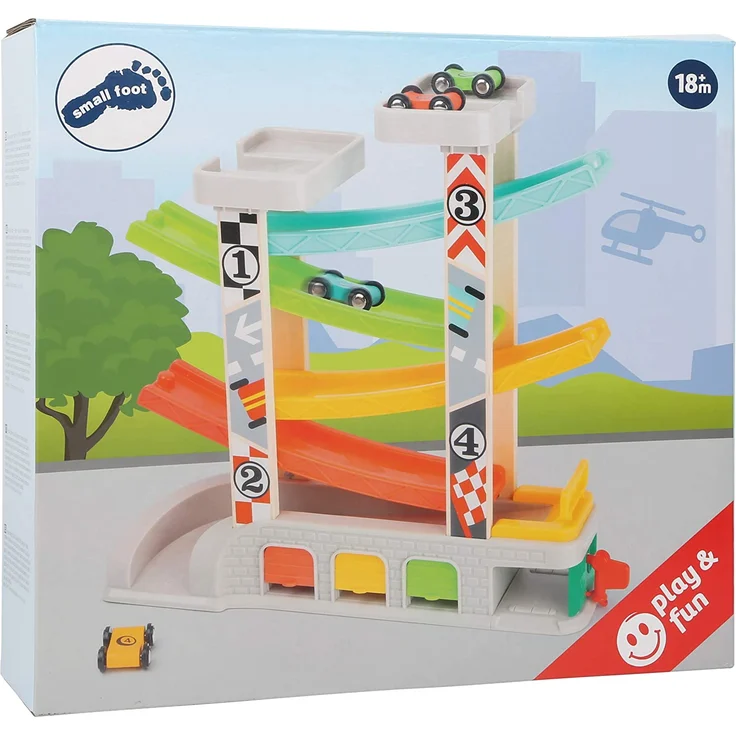 small foot 11361 Rennbahn mit Parkdeck und Garagen, Spielset mit 4 Etagen, Vier Autos und Einer Tankstelle, ab 3 Jahren – Bild 6