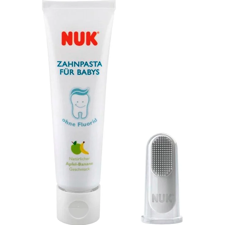 NUK 10256396 Mundpflege-Set mit Baby-Zahnpasta und natürlichem Apfel-Banane Geschmack, incl. Fingerzahnbürste, BPA frei, ohne Fluorid, 1 Stück – Bild 1