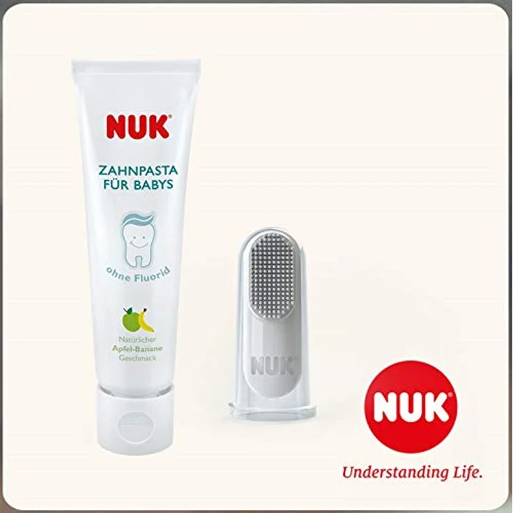 NUK 10256396 Mundpflege-Set mit Baby-Zahnpasta und natürlichem Apfel-Banane Geschmack, incl. Fingerzahnbürste, BPA frei, ohne Fluorid, 1 Stück – Bild 4