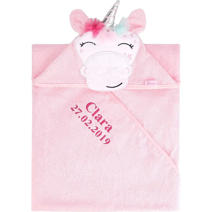 Be Mammy Kapuzenhandtuch Babyhandtuch aus Baumwolle bestickt mit Name und Geburtsdatum 95cm x 95cm BE20-282-BBL (Rosa - Einhorn)