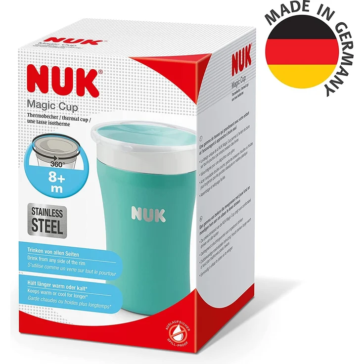 NUK Magic Cup Trinklernbecher aus Edelstahl | ab 8 Monaten | 230 ml | auslaufsicherer 360°-Trinkrand | auslaufsicher | BPA-frei und auswaschbar | Blau – Bild 7