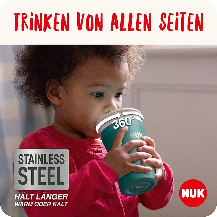 NUK Magic Cup Trinklernbecher aus Edelstahl | ab 8 Monaten | 230 ml | auslaufsicherer 360°-Trinkrand | auslaufsicher | BPA-frei und auswaschbar | Blau – Bild 2