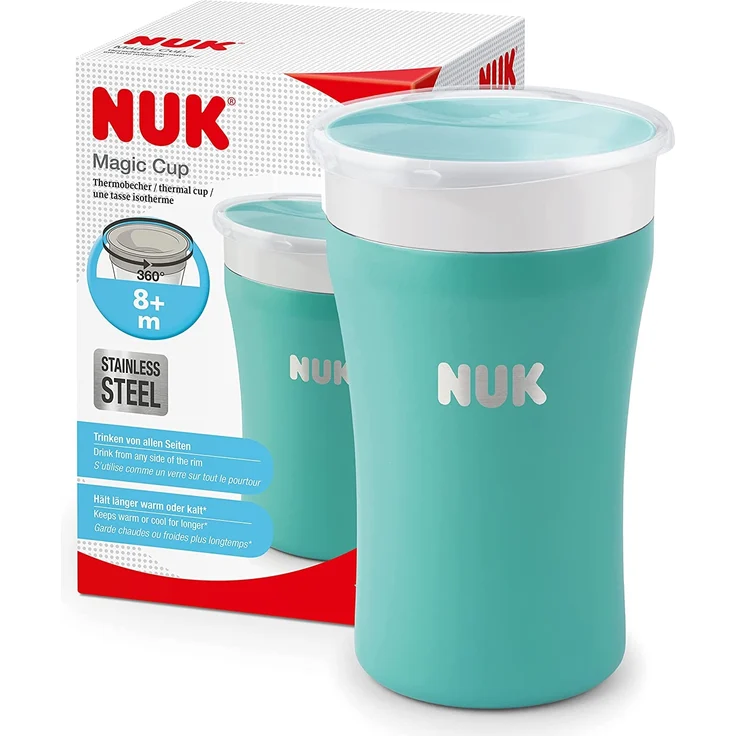 NUK Magic Cup Trinklernbecher aus Edelstahl | ab 8 Monaten | 230 ml | auslaufsicherer 360°-Trinkrand | auslaufsicher | BPA-frei und auswaschbar | Blau – Bild 1