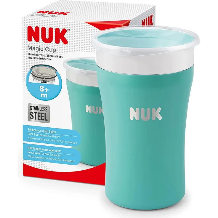 NUK Magic Cup Trinklernbecher aus Edelstahl | ab 8 Monaten | 230 ml | auslaufsicherer 360°-Trinkrand | auslaufsicher | BPA-frei und auswaschbar | Blau