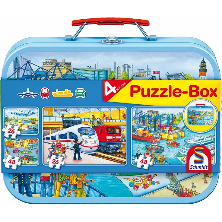 Schmidt Spiele 56508 Verkehrsmittel, Puzzle-Box im Metallkoffer, 2x26 und 2x48 Teile Kinderpuzzle, bunt – Bild 1