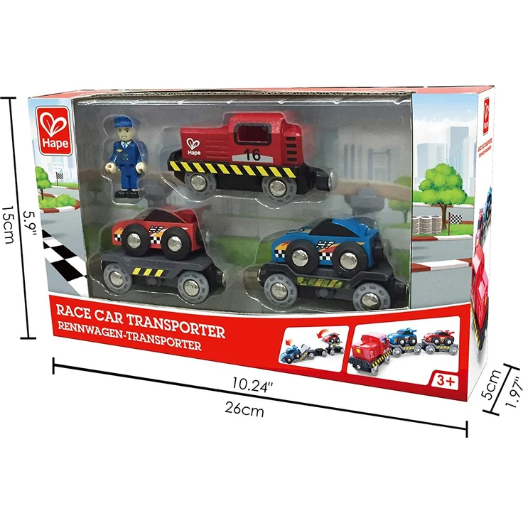 Hape E3735 Rennwagen-Transporter, Spielfahzeug, Eisenbahn, blau/rot – Bild 5