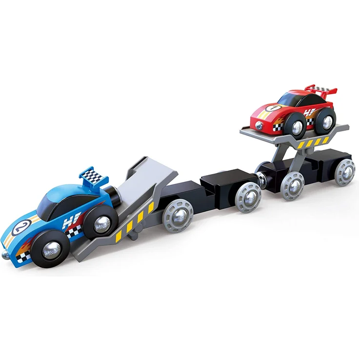 Hape E3735 Rennwagen-Transporter, Spielfahzeug, Eisenbahn, blau/rot – Bild 4