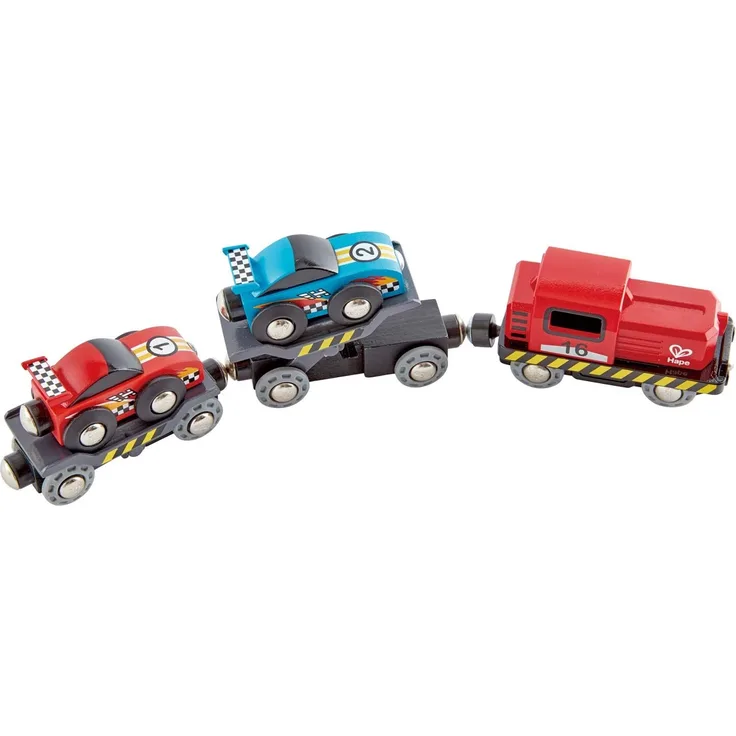 Hape E3735 Rennwagen-Transporter, Spielfahzeug, Eisenbahn, blau/rot