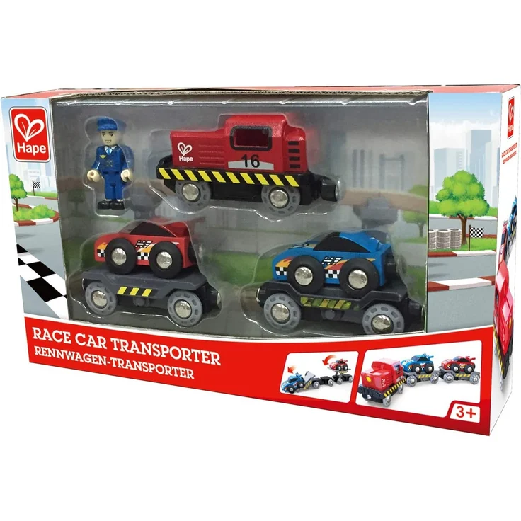Hape E3735 Rennwagen-Transporter, Spielfahzeug, Eisenbahn, blau/rot – Bild 2