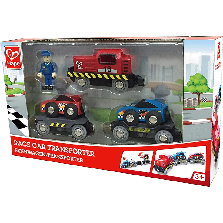 Hape E3735 Rennwagen-Transporter, Spielfahzeug, Eisenbahn, blau/rot – Bild 6