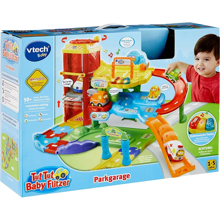 VTech Baby Flitzer - Parkgarage – Interaktives Spielzeug mit Abschleppwagen, Aufzug, Rutsche, Tankstelle u. v. m. – Für Kinder von 1-5 Jahren