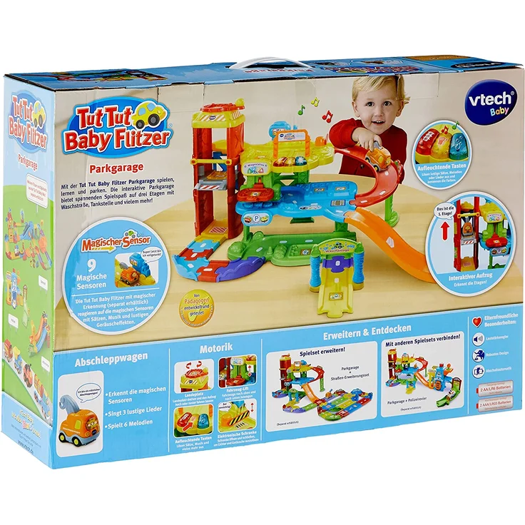 VTech Baby Flitzer - Parkgarage – Interaktives Spielzeug mit Abschleppwagen, Aufzug, Rutsche, Tankstelle u. v. m. – Für Kinder von 1-5 Jahren – Bild 2
