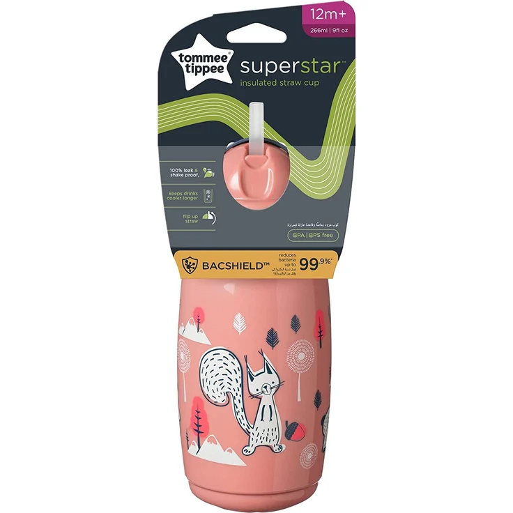 Tommee Tippee Superstar Isolierter Strohhalmbecher, 100% Auslauf- und Schüttelsichere INTELLIVALE-Technologie, Antibakterieller BACSHIELD-Technologie, 12 M. +, 266ml, 1 Stk, Rosa – Bild 2