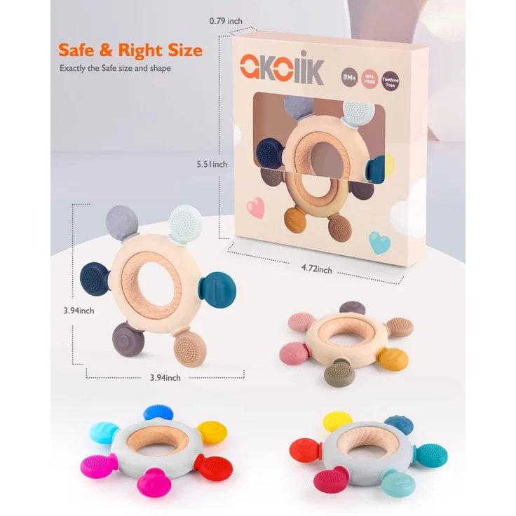 akolik Beißring für Babys, Baby Zahnen Spielzeug Beißring aus Silikon, Ruder Greifling Beißspielzeug, BPA-frei Zahnen Nursing Zubehör für 3+ Monate Babys Kleinkinder – Bild 6