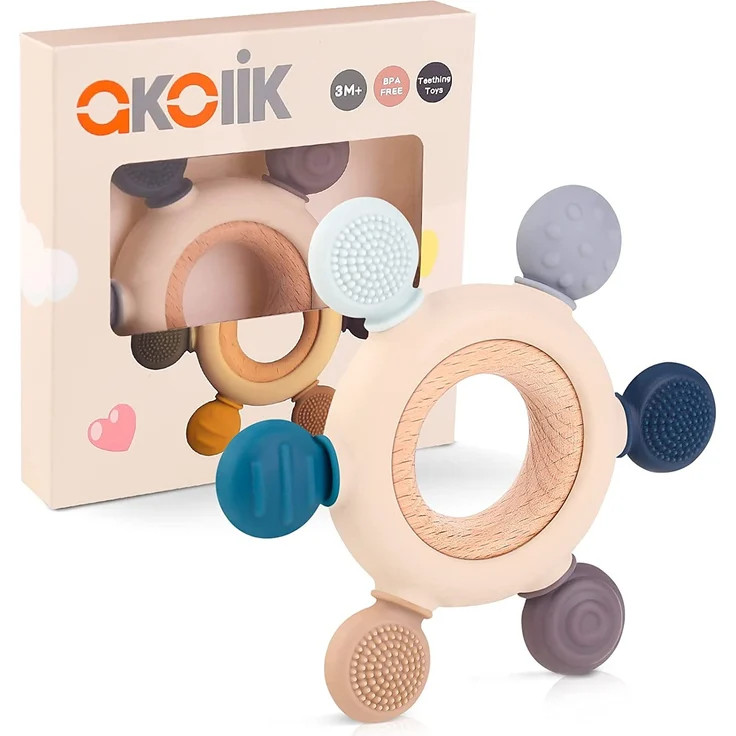akolik Beißring für Babys, Baby Zahnen Spielzeug Beißring aus Silikon, Ruder Greifling Beißspielzeug, BPA-frei Zahnen Nursing Zubehör für 3+ Monate Babys Kleinkinder – Bild 1