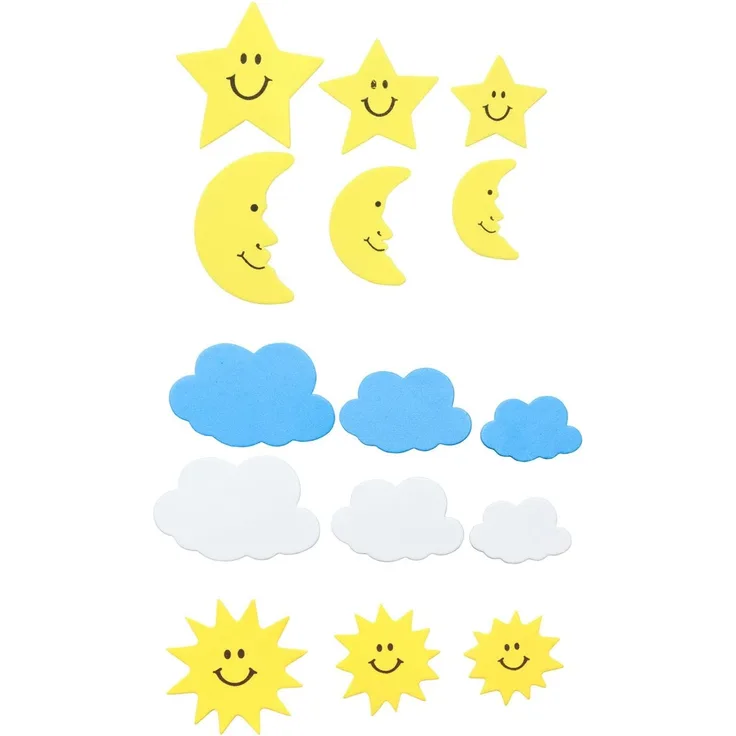 Glorex 6 2247 704 - Moosgummi Sticker Sonne, Mond und Wolken, selbstklebend, 52 Stück, sortiert in 5 Motiven in unterschiedlichen Größen, ideal zum Verzieren von Grußkarten, für Scrapbooking, usw.