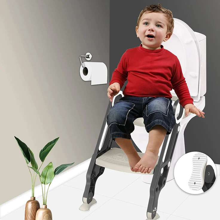 KIDIZ® Kinder Toilettensitz Toilettentrainer mit Treppe und Griffe Faltbar Kindertoilette WC Sitz Töpfchentrainer Lerntöpfchen bequemem Kissen und breiten Stufen Toilettentreppe höhenverstellbar Grau – Bild 2