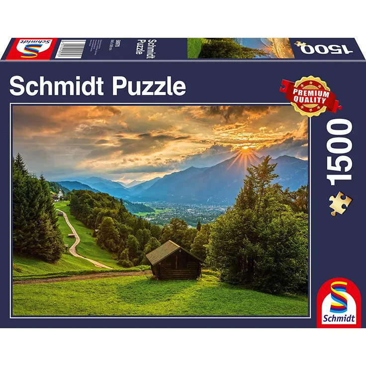 Schmidt Spiele 1500 Teile Puzzle Sonnenuntergang über dem Bergdorf Wamberg