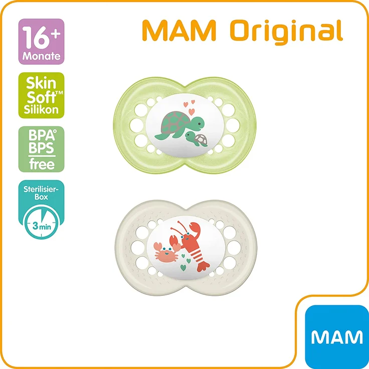 MAM Original Silikon Schnuller im 2er-Set, besonders sanfter Schnuller, Baby Schnuller aus speziellem MAM SkinSoft Silikon mit Schnullerbox, 16+ Monate, grau – Bild 3