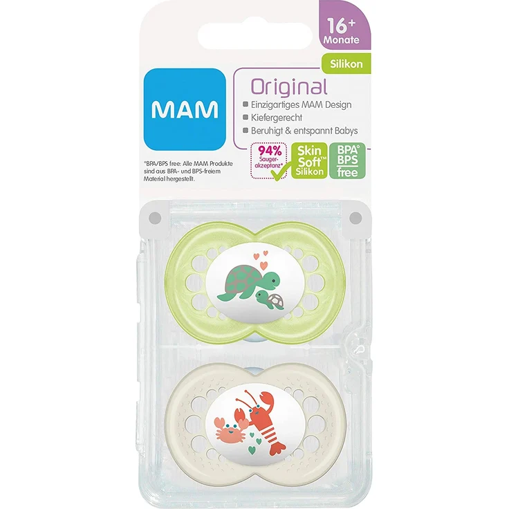 MAM Original Silikon Schnuller im 2er-Set, besonders sanfter Schnuller, Baby Schnuller aus speziellem MAM SkinSoft Silikon mit Schnullerbox, 16+ Monate, grau – Bild 2