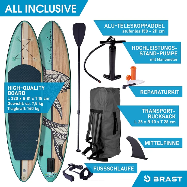 BRAST SUP Board Shark Aufblasbares Stand up Paddle Set 320cm Natural incl. Zubehör Fußschlaufe Paddel Pumpe Rucksack – Bild 9