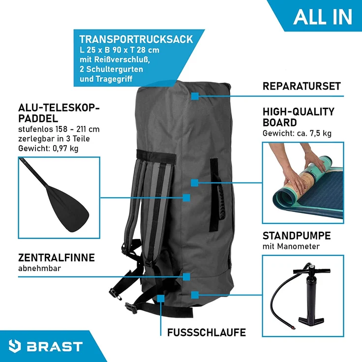 BRAST SUP Board Shark Aufblasbares Stand up Paddle Set 320cm Natural incl. Zubehör Fußschlaufe Paddel Pumpe Rucksack – Bild 8