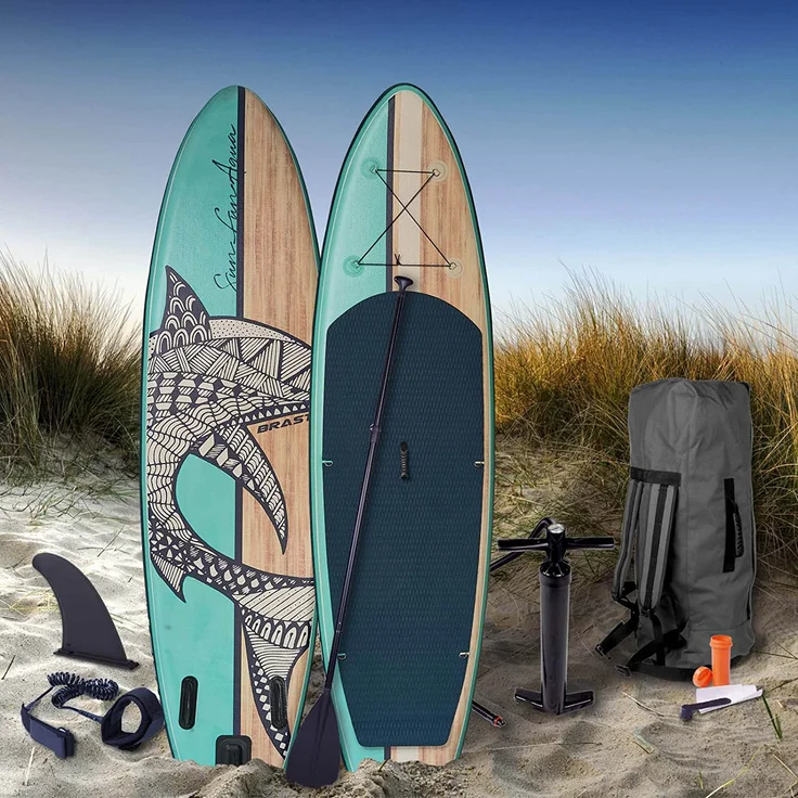 BRAST SUP Board Shark Aufblasbares Stand up Paddle Set 320cm Natural incl. Zubehör Fußschlaufe Paddel Pumpe Rucksack – Bild 1